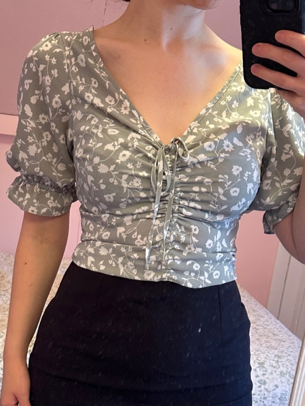 Abercrombie & Fitch Sage Green Floral Ruched Tie-Front Top
